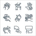 wash hands line icons. linear set. quality vector line set such as tissue, hand dryer, hand washing, hand washing, washing water