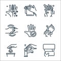 Wash hands line icons. linear set. quality vector line set such as tissue, hand, littering, washing hand, hand, washing washing