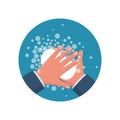 Wash hands. Man holding soap in hand in soap bubbles