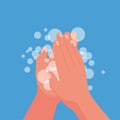 Wash hands. Man holding soap in hand in soap bubbles