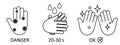 Wash hands process icon. Wash your hands for 20-30 seconds with soap to kill viruses and germs. Hygiene symbol, sign of washing