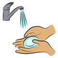 Wash hands with soap. Hygienic procedure. Disease prevention, good for health. Vector illustration.