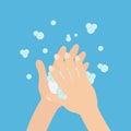 Wash hands with soap soap foam bubble. Cute cartoon character hand body part. Personal hygiene, disease preventio. Stop