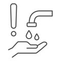 Wash hands under tap thin line icon, personal hygiene concept, Keep hands clean with exclamation sign on white Royalty Free Stock Photo