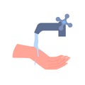 Wash hands, arm under flowing water with splashes from tap, person cleaning hand