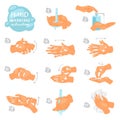 Wash hands vector instructions of washing or cleaning hands with soap and foam in water illustration antibacterial set