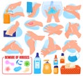 Wash hands vector instructions of washing or cleaning hands with soap and foam in water illustration antibacterial set Royalty Free Stock Photo