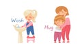 Wash and Hug English action verbs for kids education set. Children doing daily routine activities vector illustration Royalty Free Stock Photo