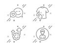 Wash t-shirt, Dating and Seo gear icons set. Person sign. Laundry shirt, Love messenger, Cogwheel. Vector