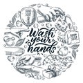 Wash your hands calligraphy lettering. Vector sketch illustration of human hand, tap, soap. Hygiene, sanitation concept