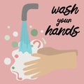Wash your hands. hands holding soap in hand under water tap. Arm in foam soap bubbles. Vector illustration flat cartoon design Royalty Free Stock Photo
