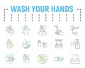 Wash your hands line icon set, health symbols collection, vector sketches, logo illustrations, hygiene icons, stop Royalty Free Stock Photo