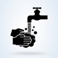 Wash your hands mandatory sign. Man Holding soap in hand under water tap. Vector illustration Royalty Free Stock Photo