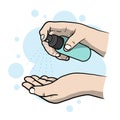 Wash your hands using Hand Sanitizer, a hand drawn vector illustration of how to protect hands from bacteria and corona virus