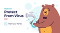 Wash your hands vector illustration with a cute funny bear washing hands. Protect from covid-19 coronavirus virus and prevent any