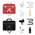 Washbasin, heated towel-dryer, mixer, showers and other equipment.Plumbing set collection icons in cartoon,black style