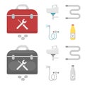 Washbasin, heated towel-dryer, mixer, showers and other equipment.Plumbing set collection icons in cartoon,monochrome