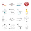 Washbasin, heated towel-dryer, mixer, showers and other equipment.Plumbing set collection icons in cartoon,outline style