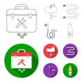 Washbasin, heated towel-dryer, mixer, showers and other equipment.Plumbing set collection icons in outline,flat style