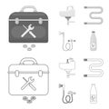 Washbasin, heated towel-dryer, mixer, showers and other equipment.Plumbing set collection icons in outline,monochrome