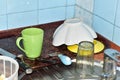 Washed clean dishes dry on a tray Royalty Free Stock Photo