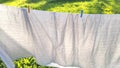 Washed clean laundry hanging on the rope or clothesline drying in the wind outdoors