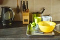 Kitchen worktop with washed dishes