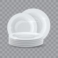 Washed dishes. Realistic clean dinner plates stack for detergent or dishwasher soap ads. Ceramic shiny tableware dish pile 3d Royalty Free Stock Photo