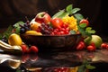 washed Fruits in a big wooden bowl Royalty Free Stock Photo