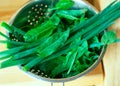 Washed leafs sorrel and onion in the colander