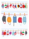 Washed Protective Face Masks Hanging on a Line. Drying Laundered Reusable Masks with Flags.