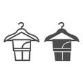 Washed trousers on clothes hanger line and solid icon, dry cleaning concept, pants on hanger vector sign on white