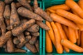 Washed and unwashed carrots on a store counter.