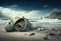 washed-up flotsam and jetsam on a windswept beach, with crashing waves in the background