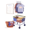 Washed wet laundry in basket, apparel heap. Pile of cotton clothing, t-shirts hanging on hanger Royalty Free Stock Photo