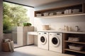 A washer and dryer are conveniently placed in a room near a window, providing an efficient laundry solution, laundry area home