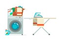 Washer laundry basket washing dirty clothes washing machine service cartoon flat design isolated on white icon vector