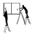 Washer workers crew washing windows on ladders vector silhouette isolated on white background. Window cleaner working on a glass