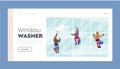 Washers Landing Page Template. Male Characters Washing Window with Wiper Hanging on Ropes. Men Professional Employees