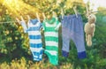 washing baby clothes. Linen dries in the fresh air. Selective focus