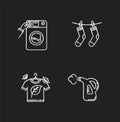 Washing clothes chalk white icons set on black background. Washateria, coin laundry and steam cleaning service. Eco dry Royalty Free Stock Photo