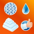 Washing clothes stickers set, clean laundry, fibers, water drop, thumbs up icons isolated, vector illustration. Royalty Free Stock Photo