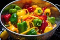 washing colorful bell peppers in a colander