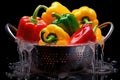 washing colorful bell peppers in a colander