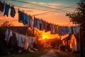 washing day. Clothes hanging on a clothesline to dry on clothespins