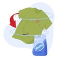 Washing dirty linen with spots use detergent promo advertising arrows circle rotation vector flat