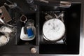 Dirty dishes in the sink in the kitchen top view Royalty Free Stock Photo