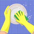 Washing dishes. The hands in a yellow gloves with sponge washes a dish.