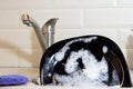 Washing dishes in the kitchen. Dirty dishes plates and glasses, lie in the sink in white foam front view. homework Royalty Free Stock Photo