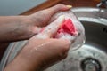 Washing dishes with sponge in woman`s hand in kitchen sink Royalty Free Stock Photo